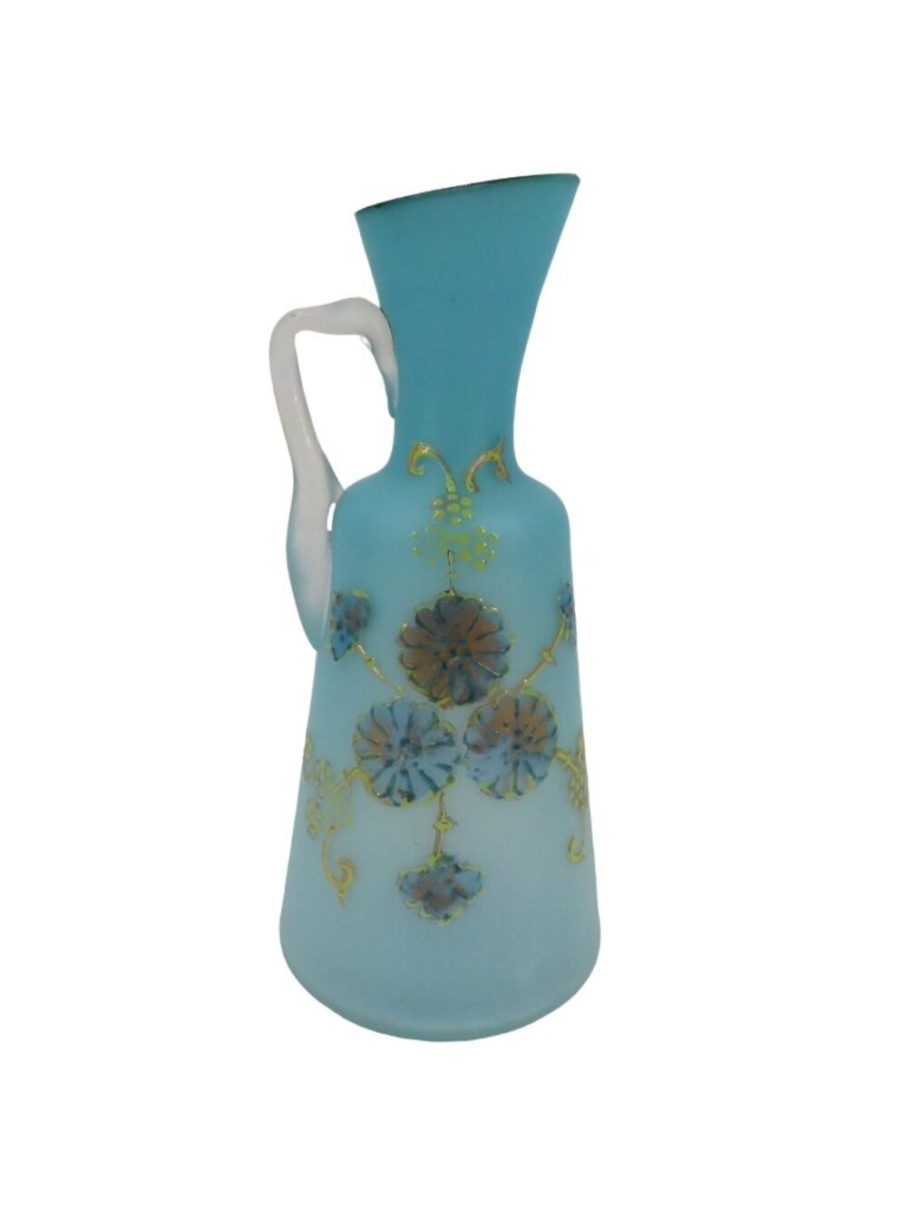 Antique Blue Satin Glass Gold Flower Floral Cruet Dressing Pitcher 6.9in Country